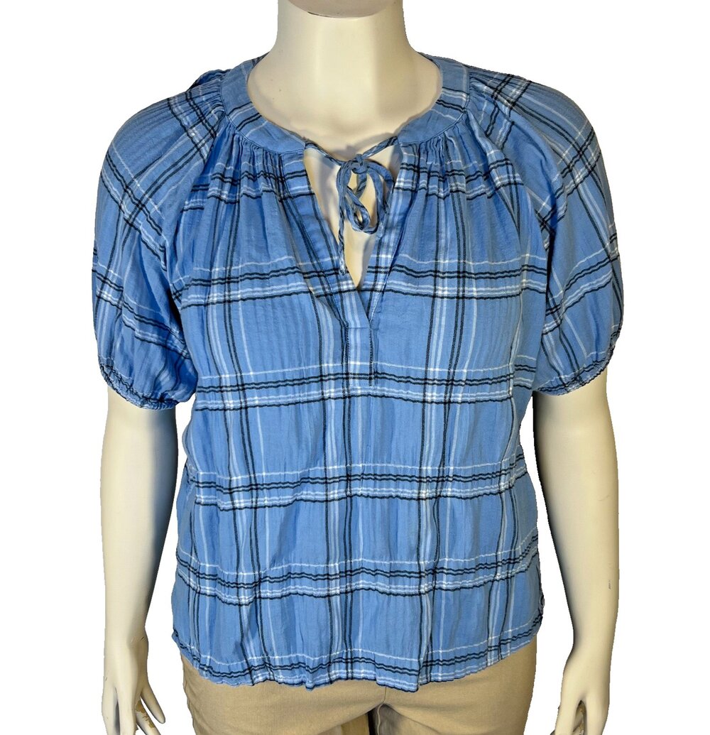 LOFT Blouse Womens L Short Puff Sleeve Tied V-Neck Blue Plaid Print Babydoll